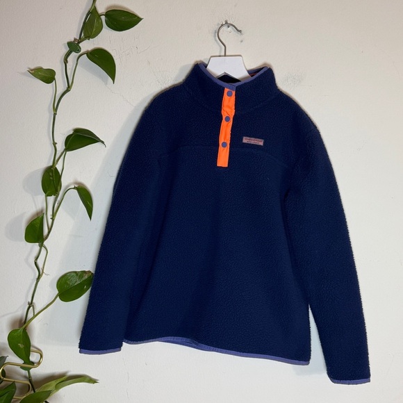 Vineyard Vines Kids SherpaPullover Quarter Snap Henley Blue & Orange - 14  New - Picture 4 of 7